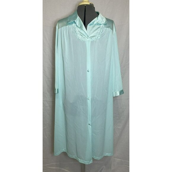 Vanity Fair Light Blue Nylon Long Nightgown Robe With Embroidered Detail Size L - Picture 1 of 14